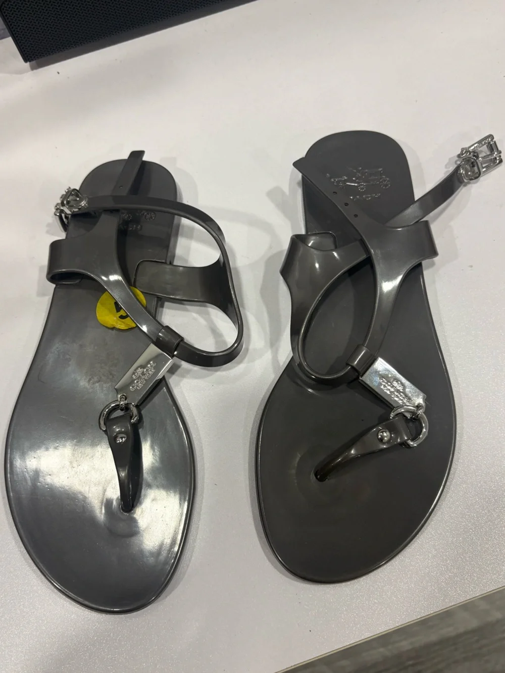 Coach Gray Jelly T-Strap Sandals with Silver Hardware